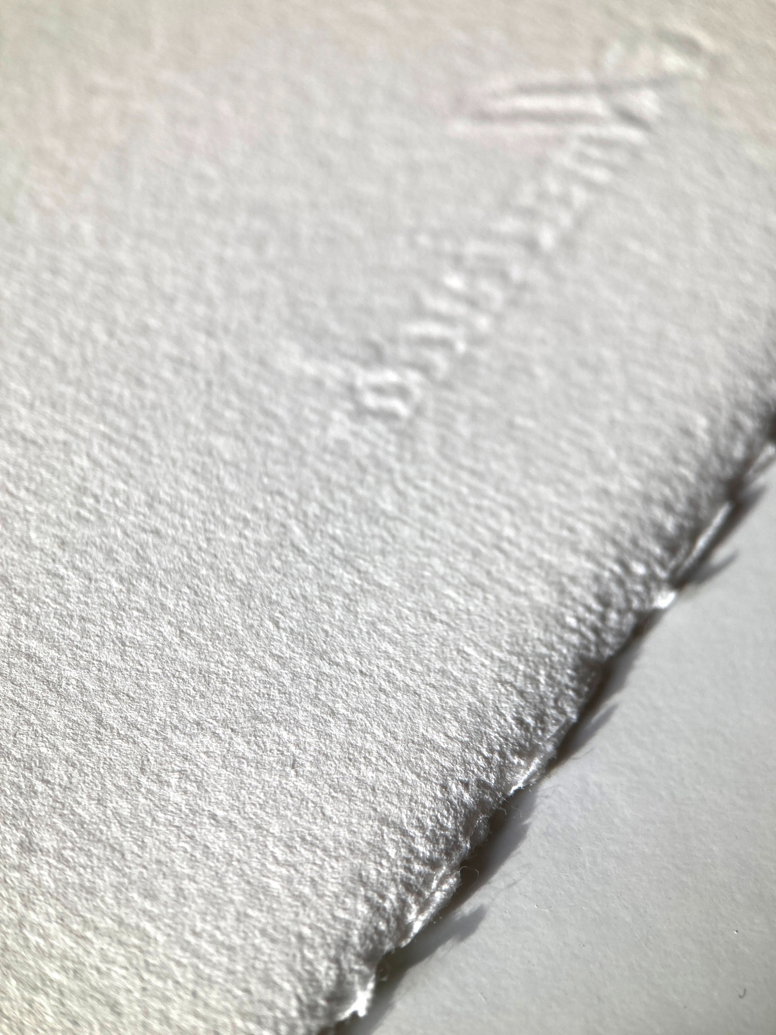 Close-up of handmade Amalfi watercolour paper texture and deckle edge in side light