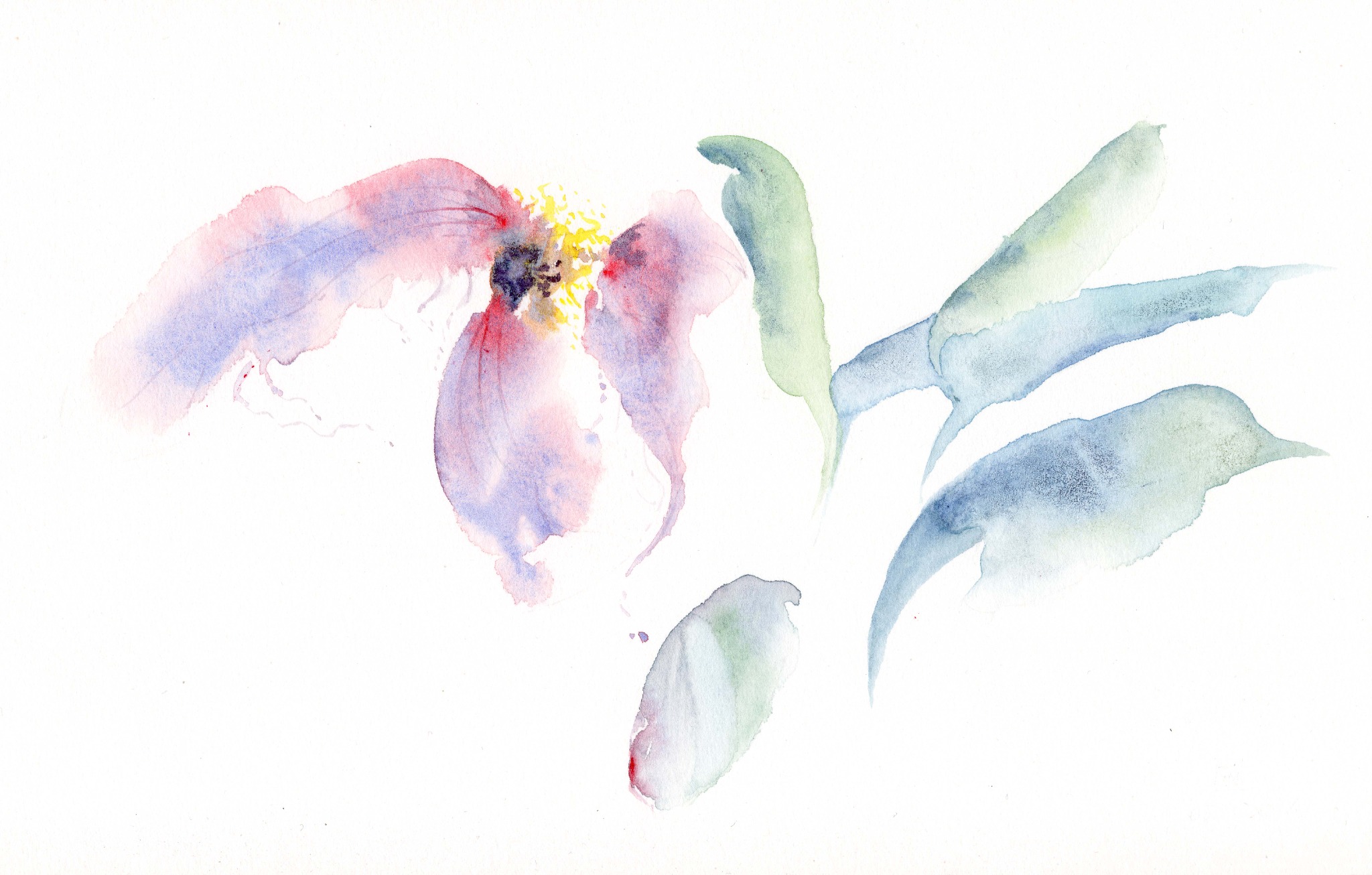 Loose botanical watercolour painting in violet, pink and blue-green washes